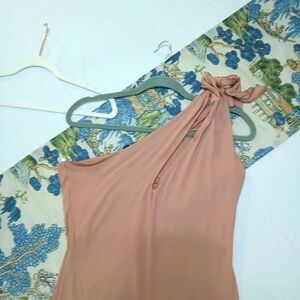 NWT Women's XL CBR slinky Maxi dress asymmetrical one shoulder tie Nude Rose